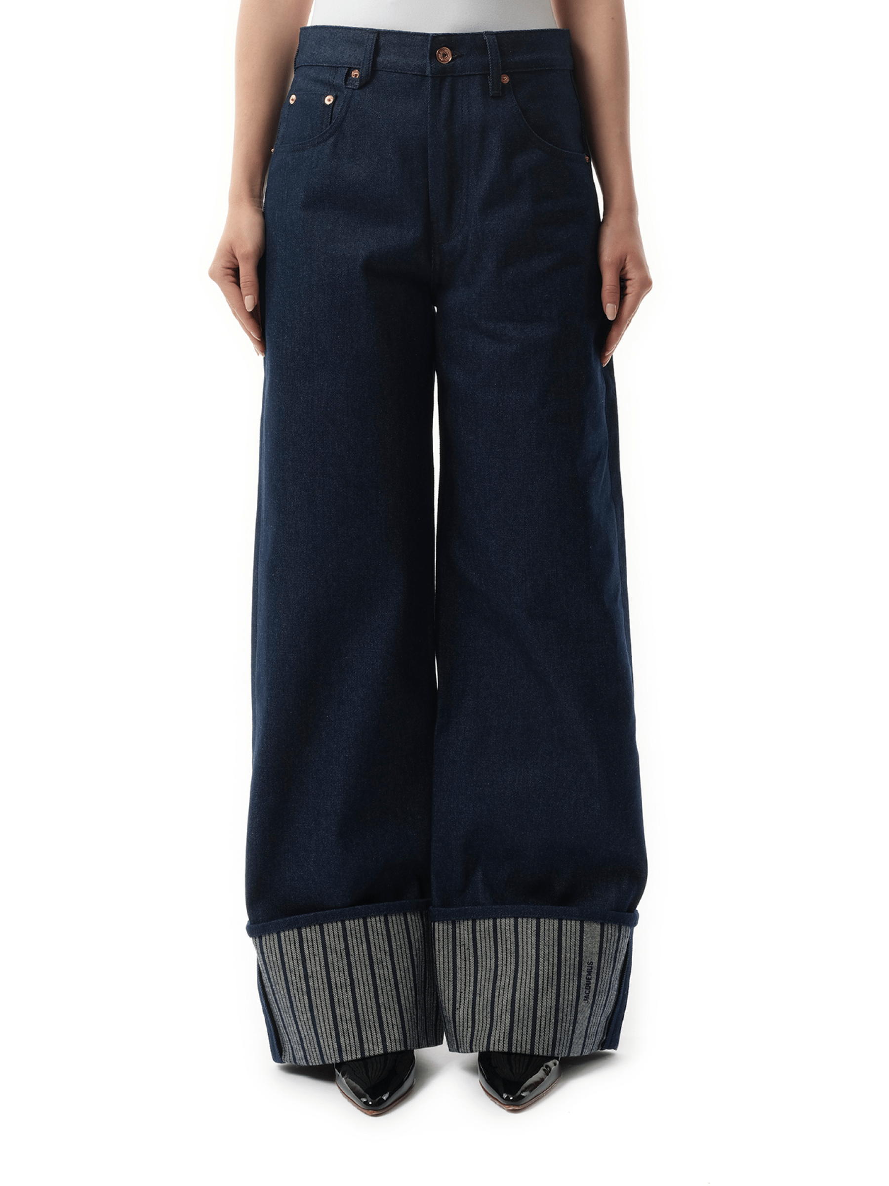 Image of a model wearing Denim. Productname: JACQUEMUS Le De-Nimes Large in NAVY colour by brand - JACQUEMUS