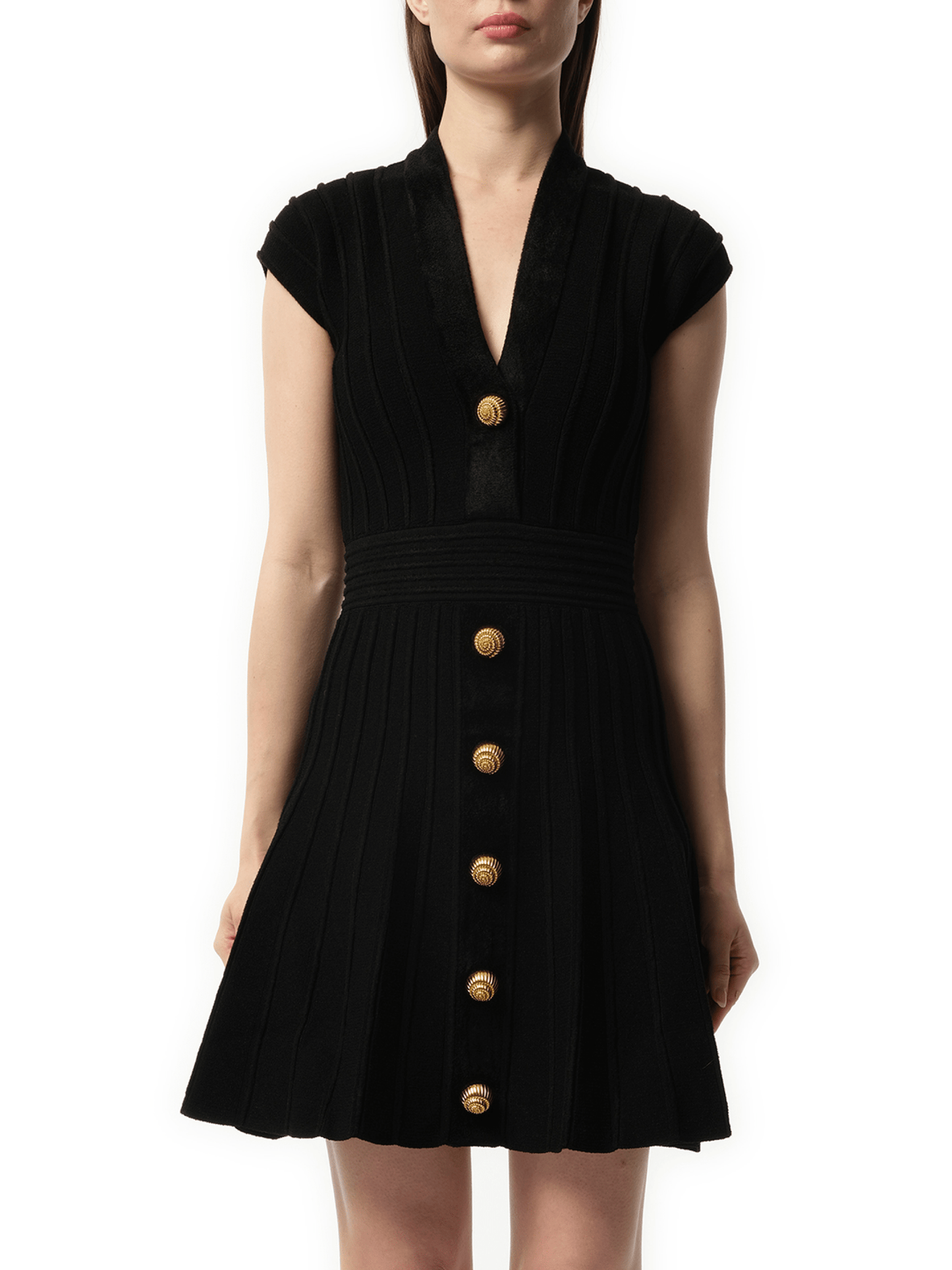 Image of a model wearing Dress. Productname: BALMAIN Button V-Neck Velvet Flare Short Dress in Black colour by brand - BALMAIN