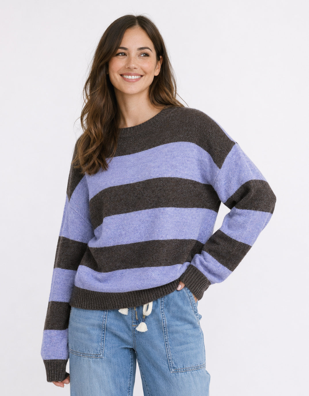Image of a model wearing Outerwear. Product name - Frankie Knit Lilac/Choc in Lilac/Choc colour by brand - 132 Fashion