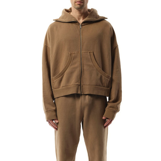 Image of a model wearing Outerwear. Productname: ENTIRE STUDIOS Full Zip Hoodie in BROWN colour by brand - ENTIRE STUDIOS