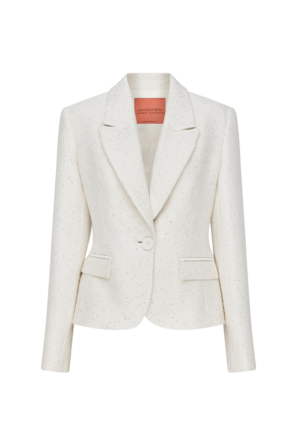 Image of a model wearing Outerwear. Productname: Prized Pieces Blazer in White colour by brand - Manning Cartell