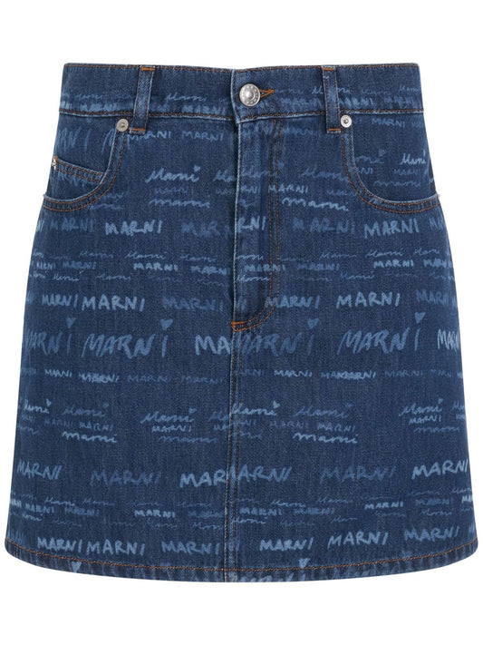 Image of a model wearing Skirts. Productname: MARNI All Over Logo Skirt in Iris Blue colour by brand - MARNI
