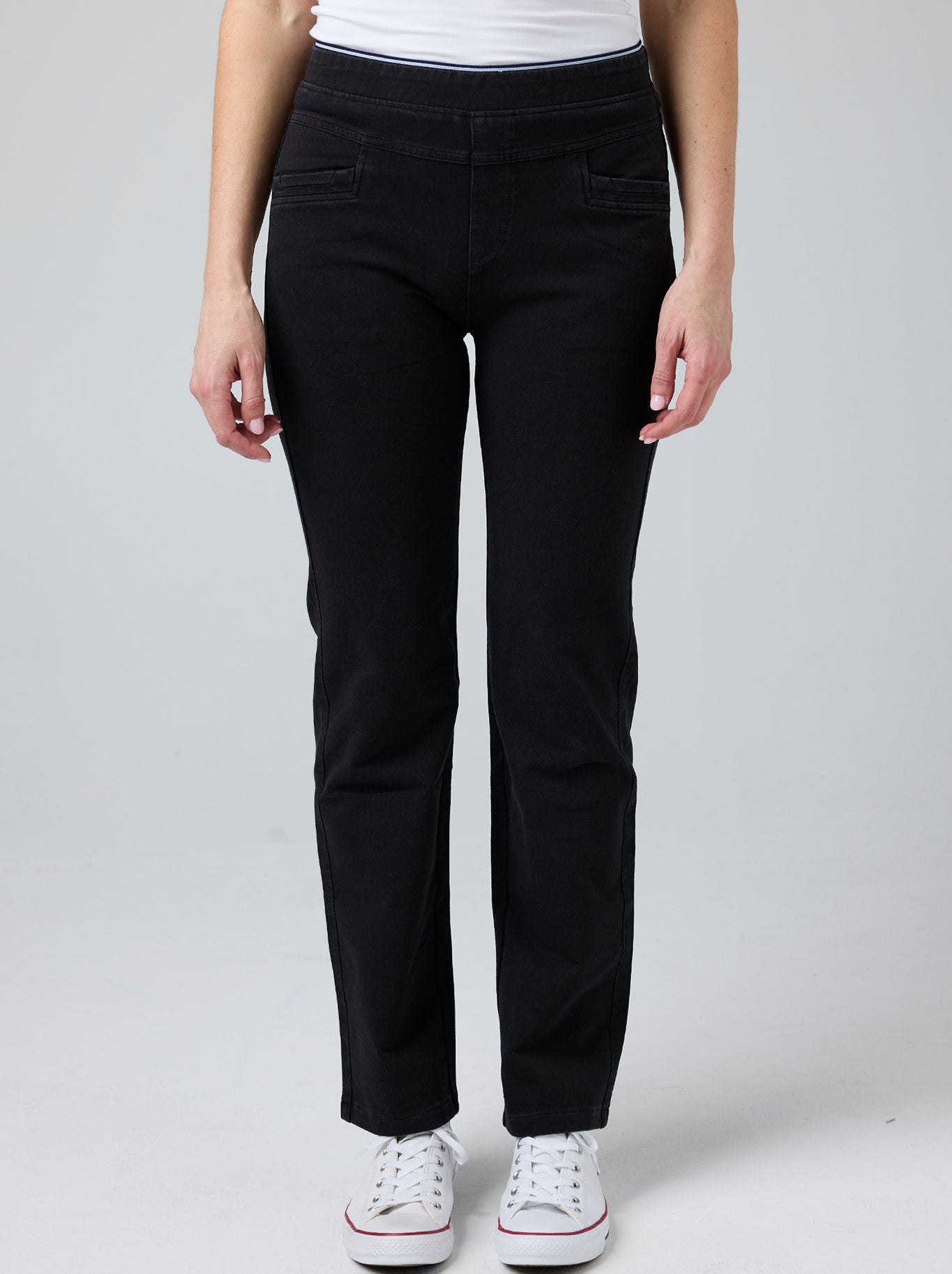 Image of a model wearing Pants. Productname: GABRIELLA FRATTINI STRAIGHT LEG LUSTRE PANTS in Denim colour by brand - Gabriella Frattini