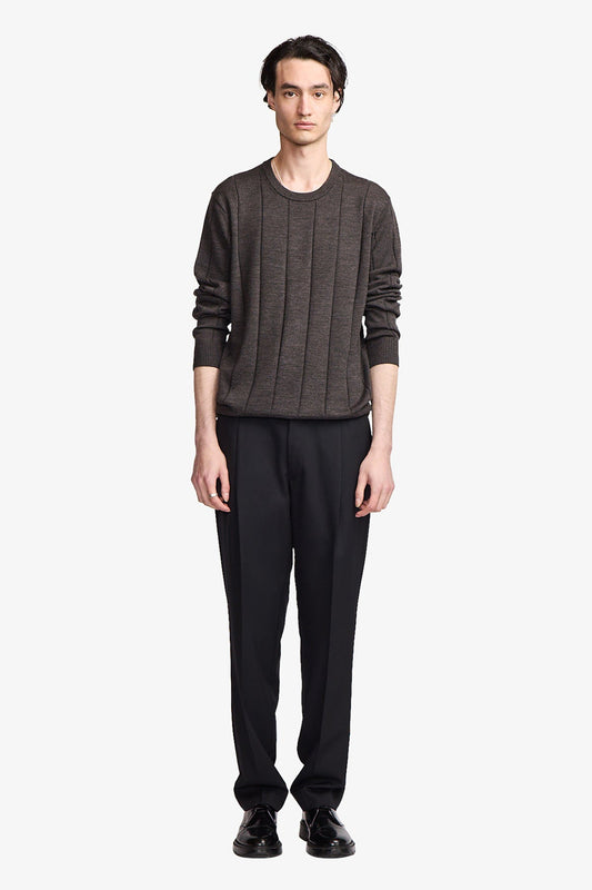 Image of a model wearing Tops. Productname: Anthony Squires Galway brown crew knit in Brown colour by brand - Anthony Squires