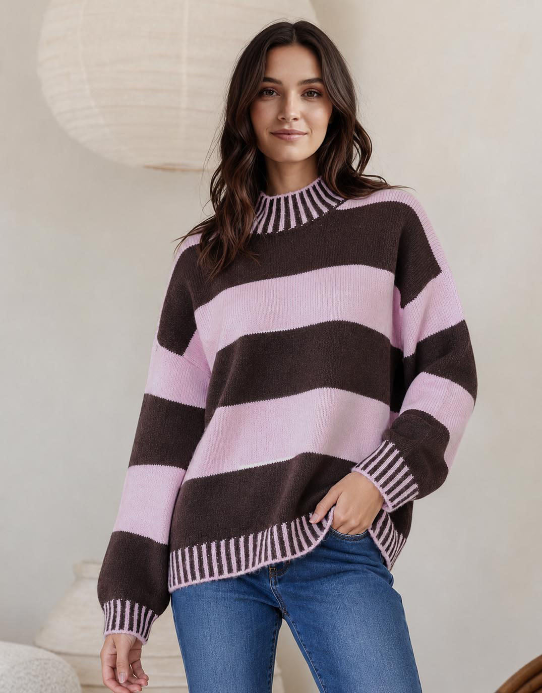 Image of a model wearing Outerwear. Product name - Gigi Wool Blend Stripe Knit Chocolate/Pink in Chocolate/Pink colour by brand - 132 Fashion