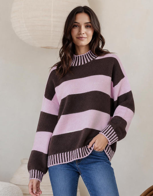 Image of a model wearing Outerwear. Product name - Gigi Wool Blend Stripe Knit Chocolate/Pink in Chocolate/Pink colour by brand - 132 Fashion