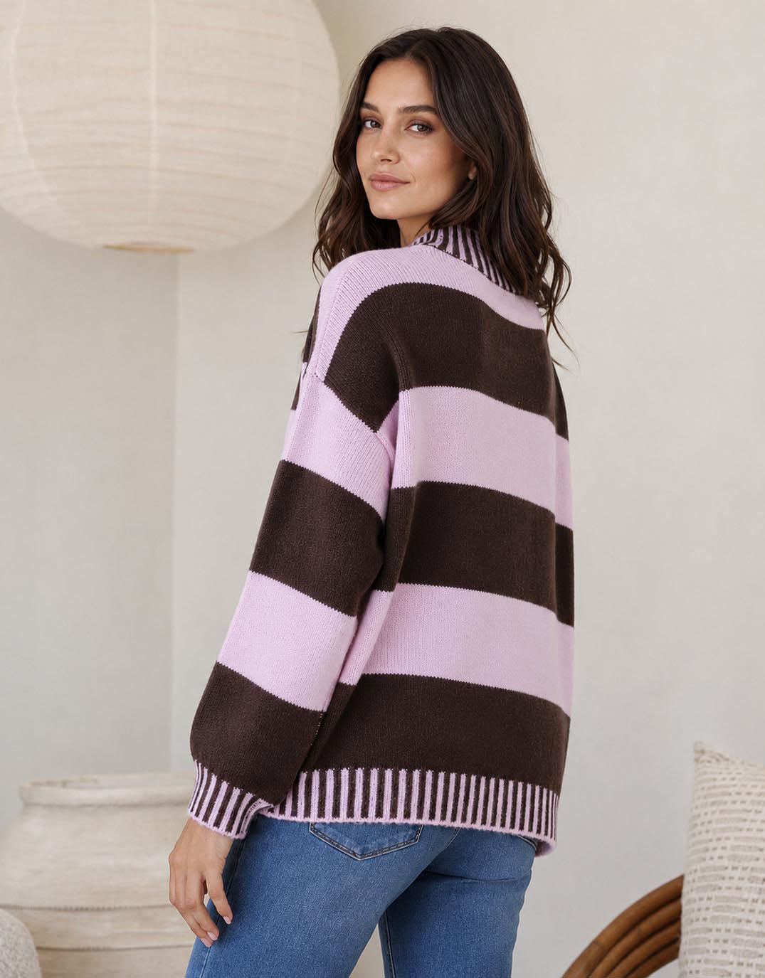 132 Fashion Gigi Wool Blend Stripe Knit (Chocolate/Pink)