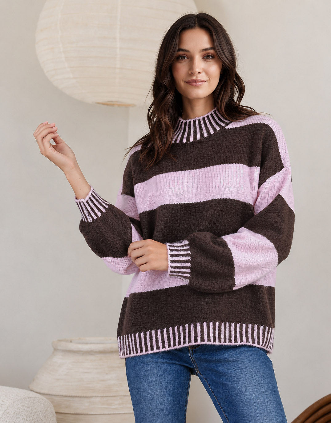 132 Fashion Gigi Wool Blend Stripe Knit (Chocolate/Pink)