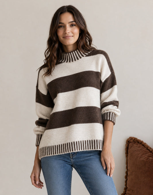 Image of a model wearing Outerwear. Product name - Gigi Wool Blend Stripe Knit Chocolate/Natural in Chocolate/Natural colour by brand - 132 Fashion