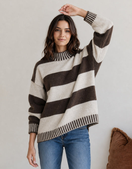 132 Fashion Gigi Wool Blend Stripe Knit (Chocolate/Natural)