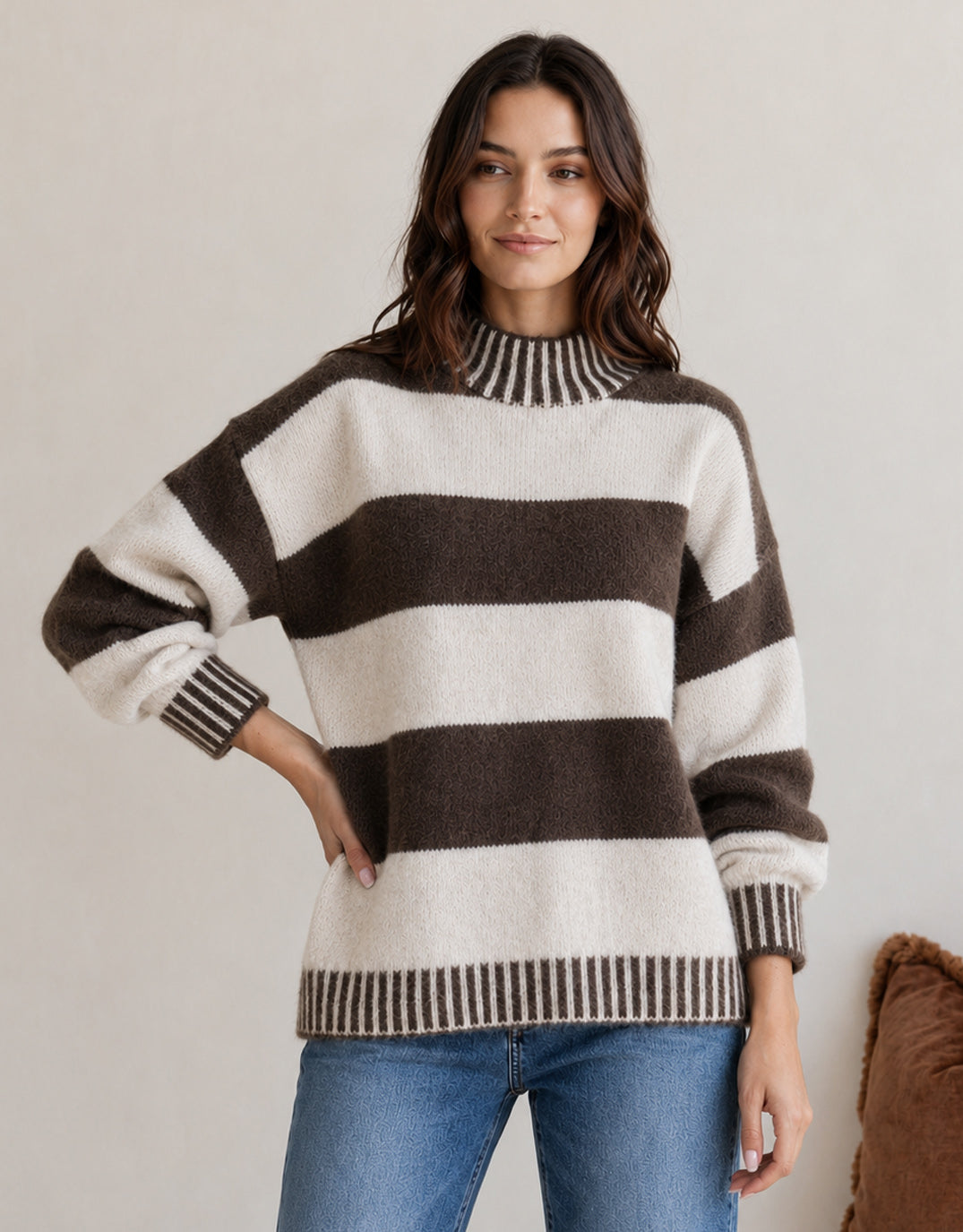 132 Fashion Gigi Wool Blend Stripe Knit (Chocolate/Natural)