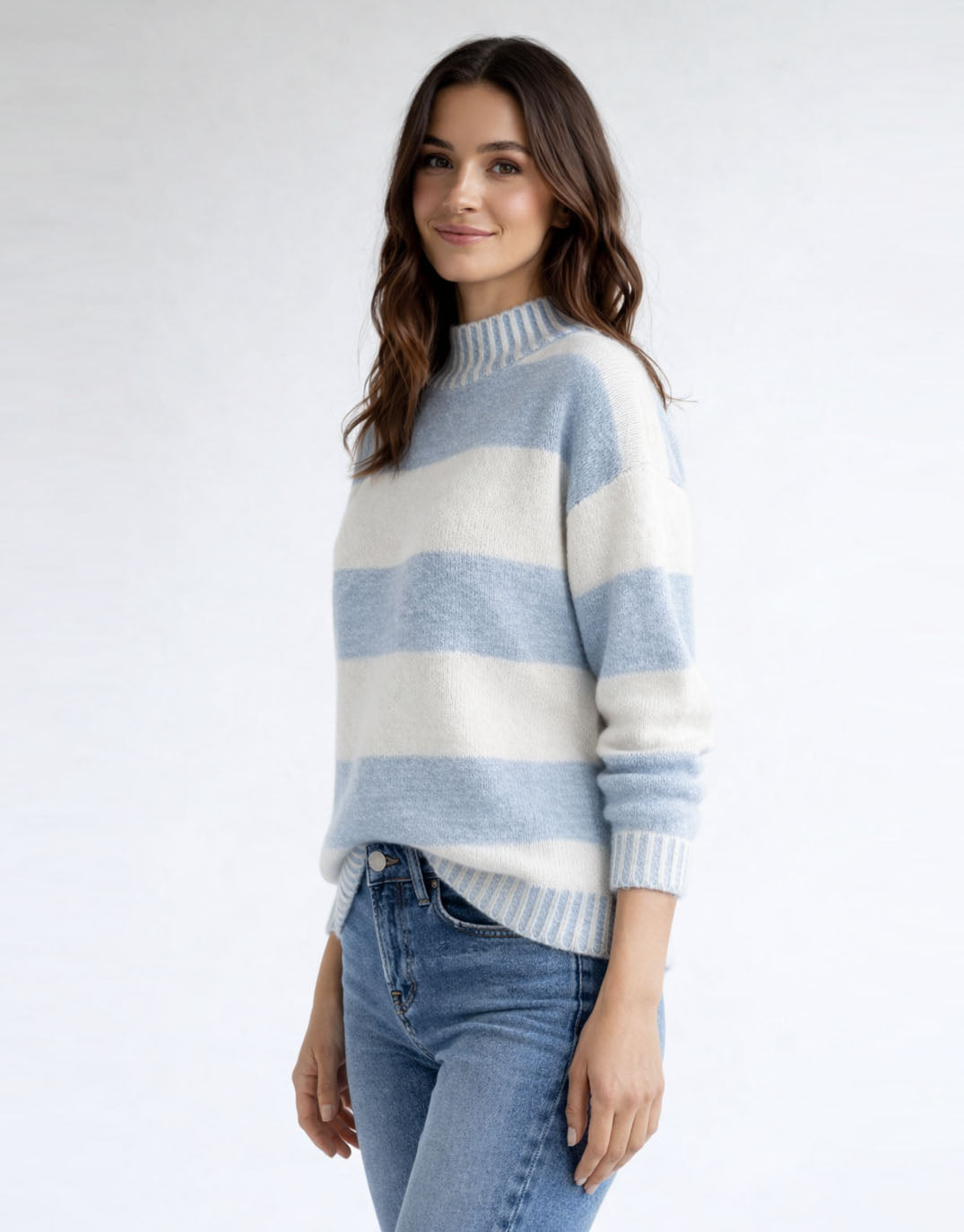 132 Fashion Gigi Wool Blend Stripe Knit (Powder Blue/White)