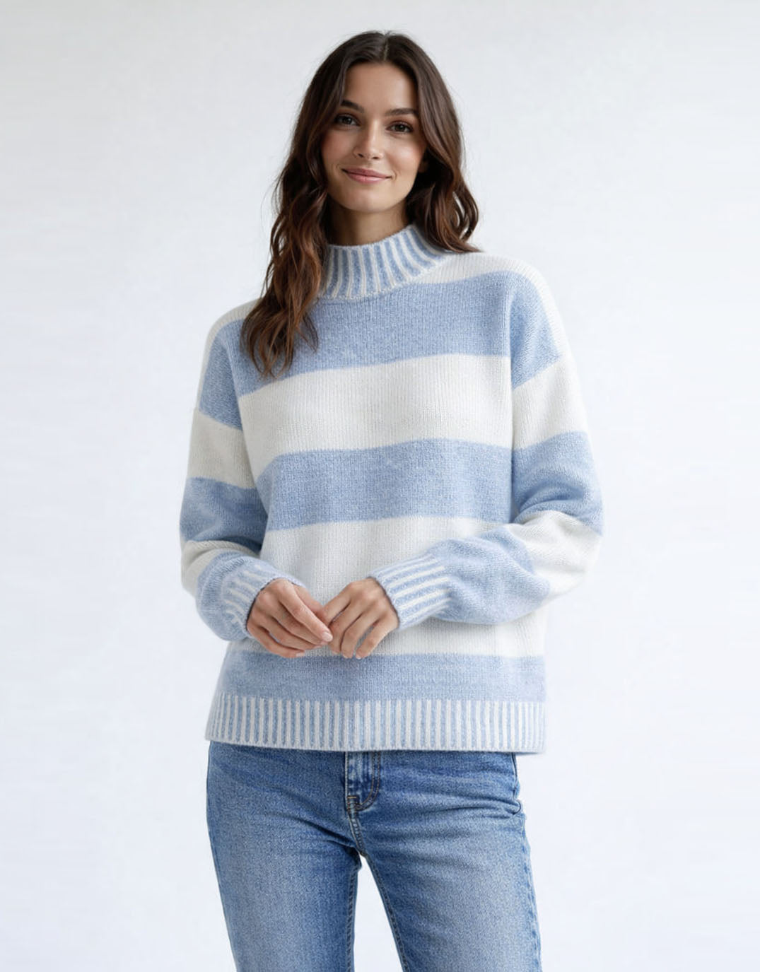Image of a model wearing Outerwear. Product name - Gigi Wool Blend Stripe Knit Powder Blue/White in Powder Blue/White colour by brand - 132 Fashion