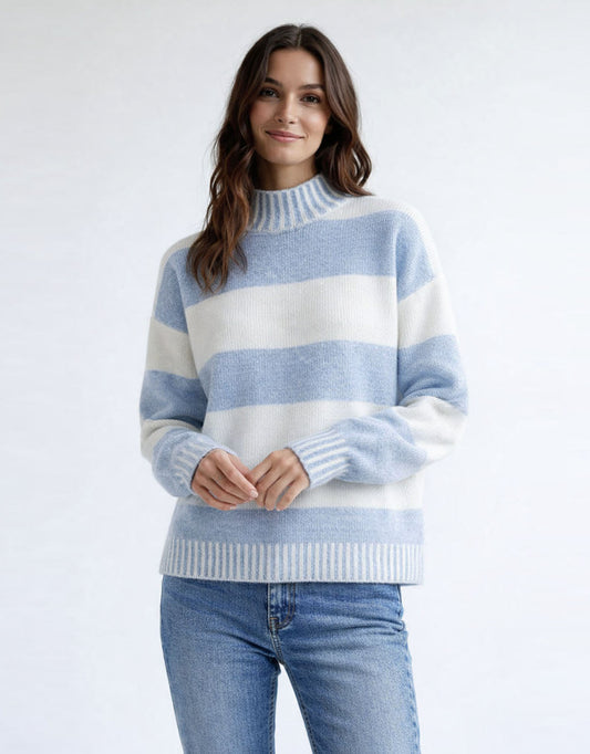 Image of a model wearing Outerwear. Product name - Gigi Wool Blend Stripe Knit Powder Blue/White in Powder Blue/White colour by brand - 132 Fashion