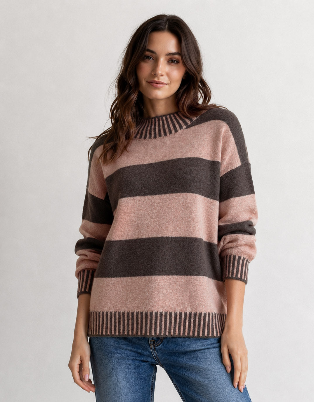 Image of a model wearing Outerwear. Product name - Gigi Woolblend Stripe Knit Chocolate/Nutmeg in Chocolate/Nutmeg colour by brand - 132 Fashion