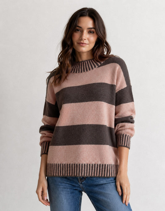 Image of a model wearing Outerwear. Product name - Gigi Woolblend Stripe Knit Chocolate/Nutmeg in Chocolate/Nutmeg colour by brand - 132 Fashion