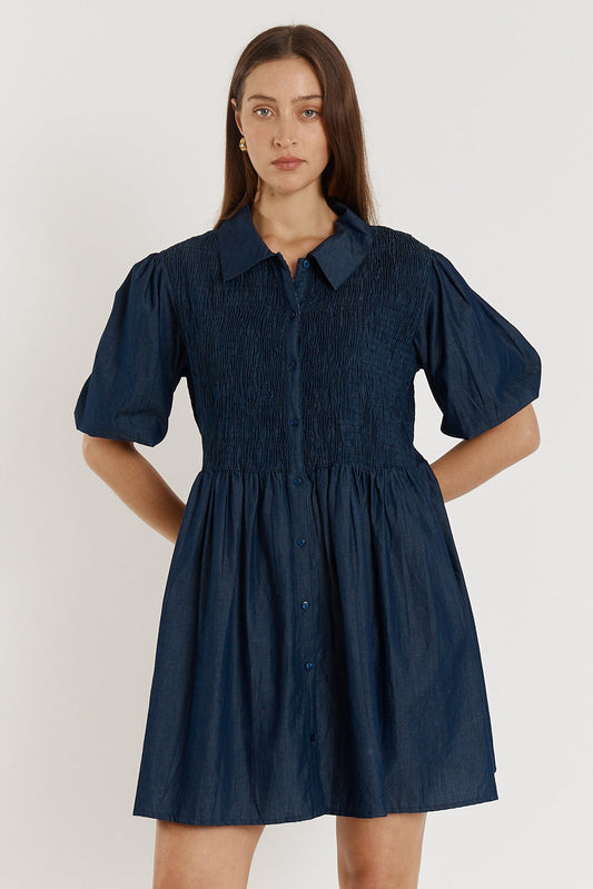 Giliann Gimlet Shirred Dress Denim (Red)