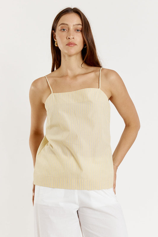 Image of a model wearing Tops. Productname: Giliann Lunel Singlet Yellow Stripe in Yellow colour by brand - Giliann