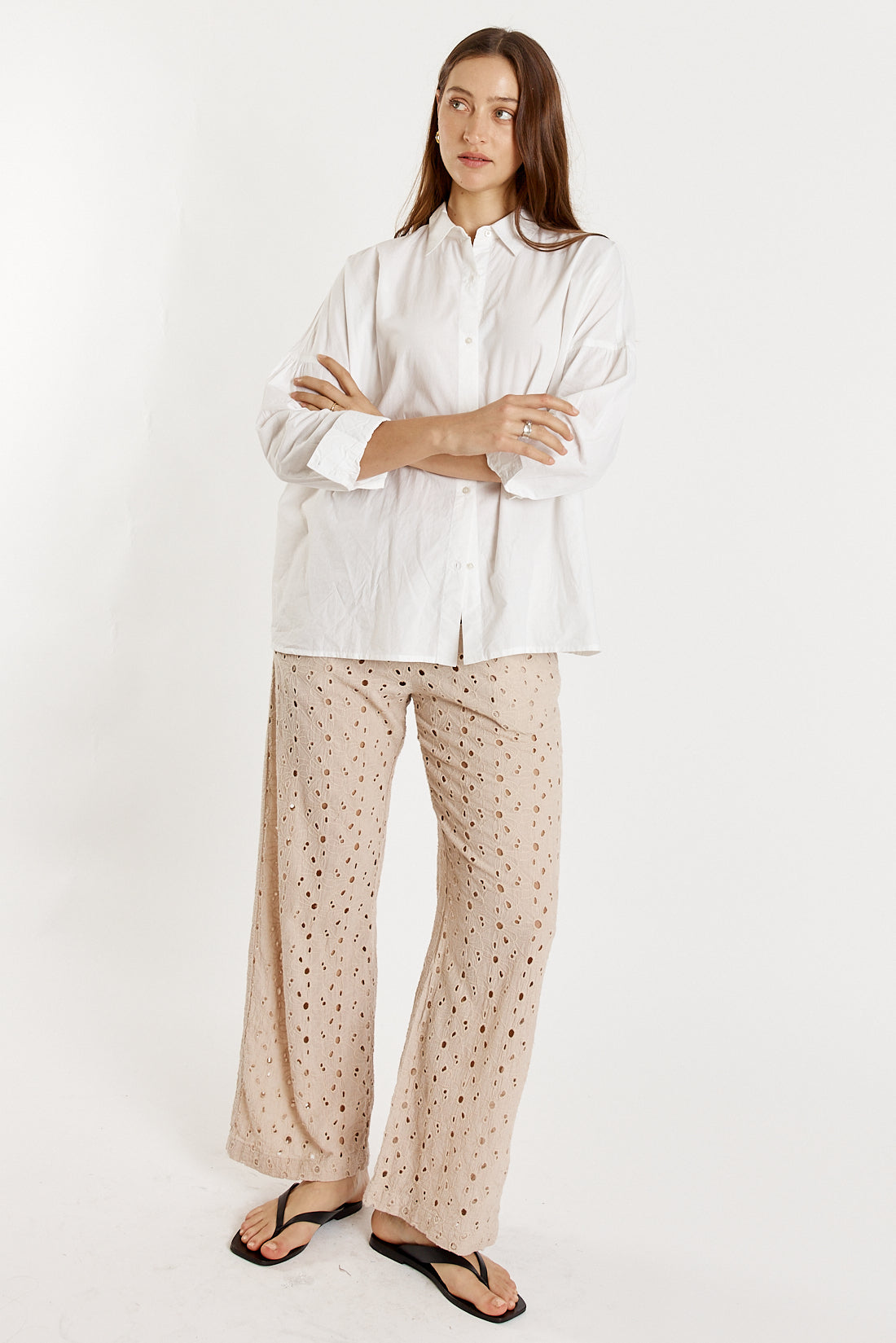 Image of a model wearing Pants. Productname: Giliann Olive Pant Cream in Cream colour by brand - Giliann