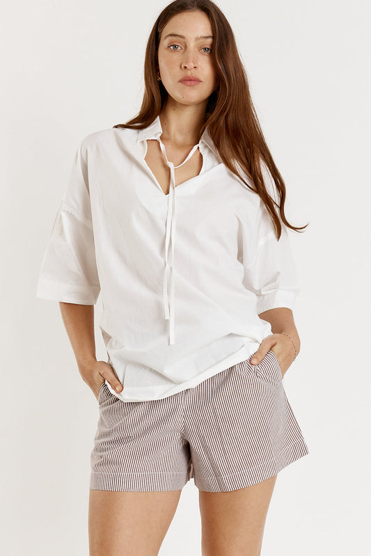 Image of a model wearing Shorts. Productname: Giliann Playa Short Maroon Stripe in Stripe colour by brand - Giliann