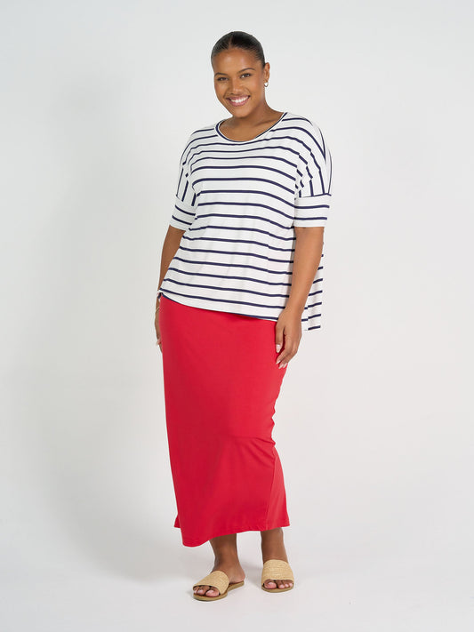 Image of a model wearing Tops. Product name - Gina Oversized Slouch Bamboo T-Shirt Blue & White Stripe in Blue & White Stripe colour by brand - Lou Lou