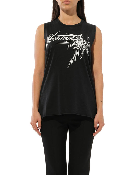 Image of a model wearing Tops. Productname: GIVENCHY Podium Sleeveless T-Shirt Black in BLACK colour by brand - GIVENCHY