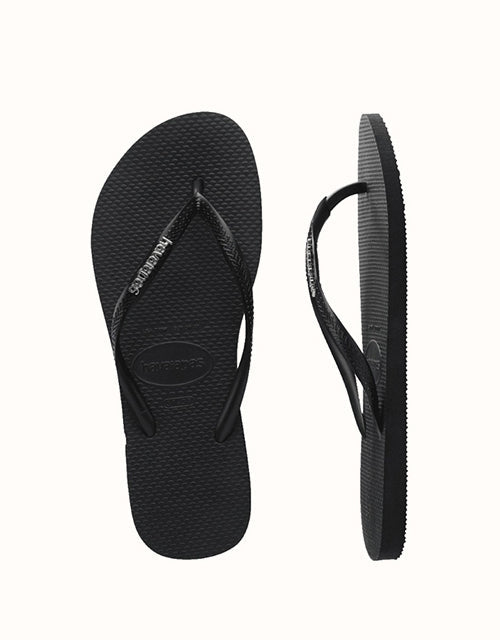 Image of Sandals. Product name - Havaianas® Slim Metal Logo Thongs in Black/Gold colour by brand - Havaianas