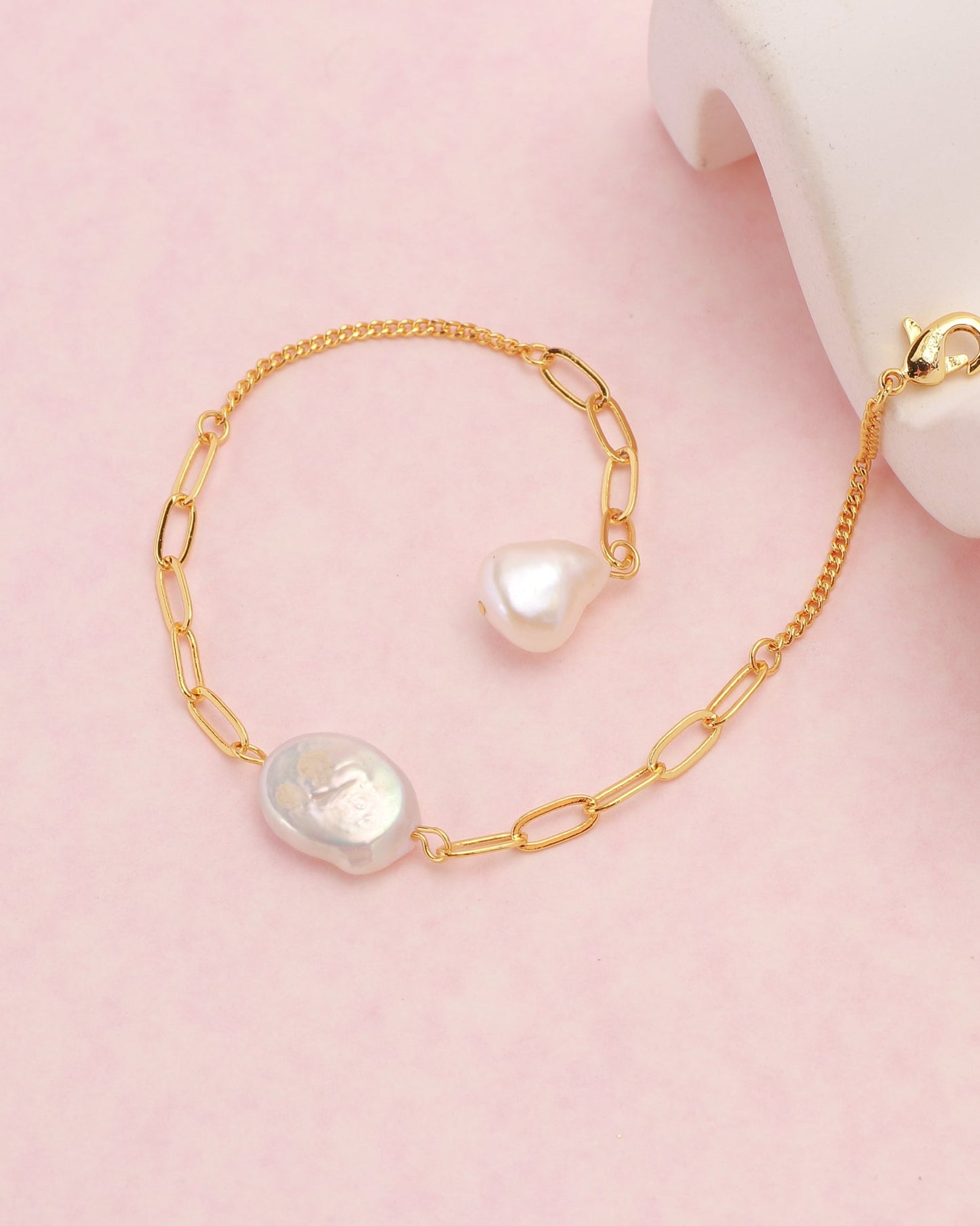 Image of Accessories. Product name - Perrie Pearl Gold Chain Bracelet in Gold colour by brand - Heychic