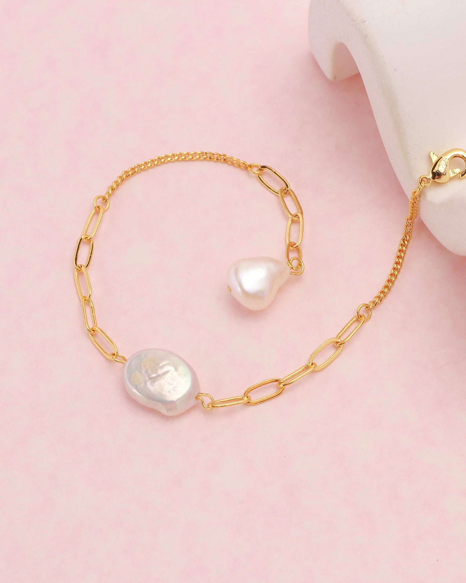 Image of Accessories. Product name - Perrie Pearl Gold Chain Bracelet in Gold colour by brand - Heychic