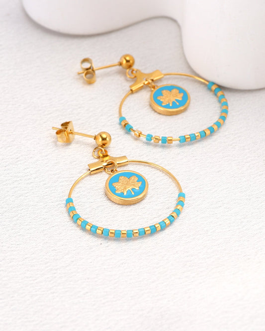 Image of Accessories. Product name - Azura Blue Gold Leaf and Bead Earrings in Blue colour by brand - Heychic