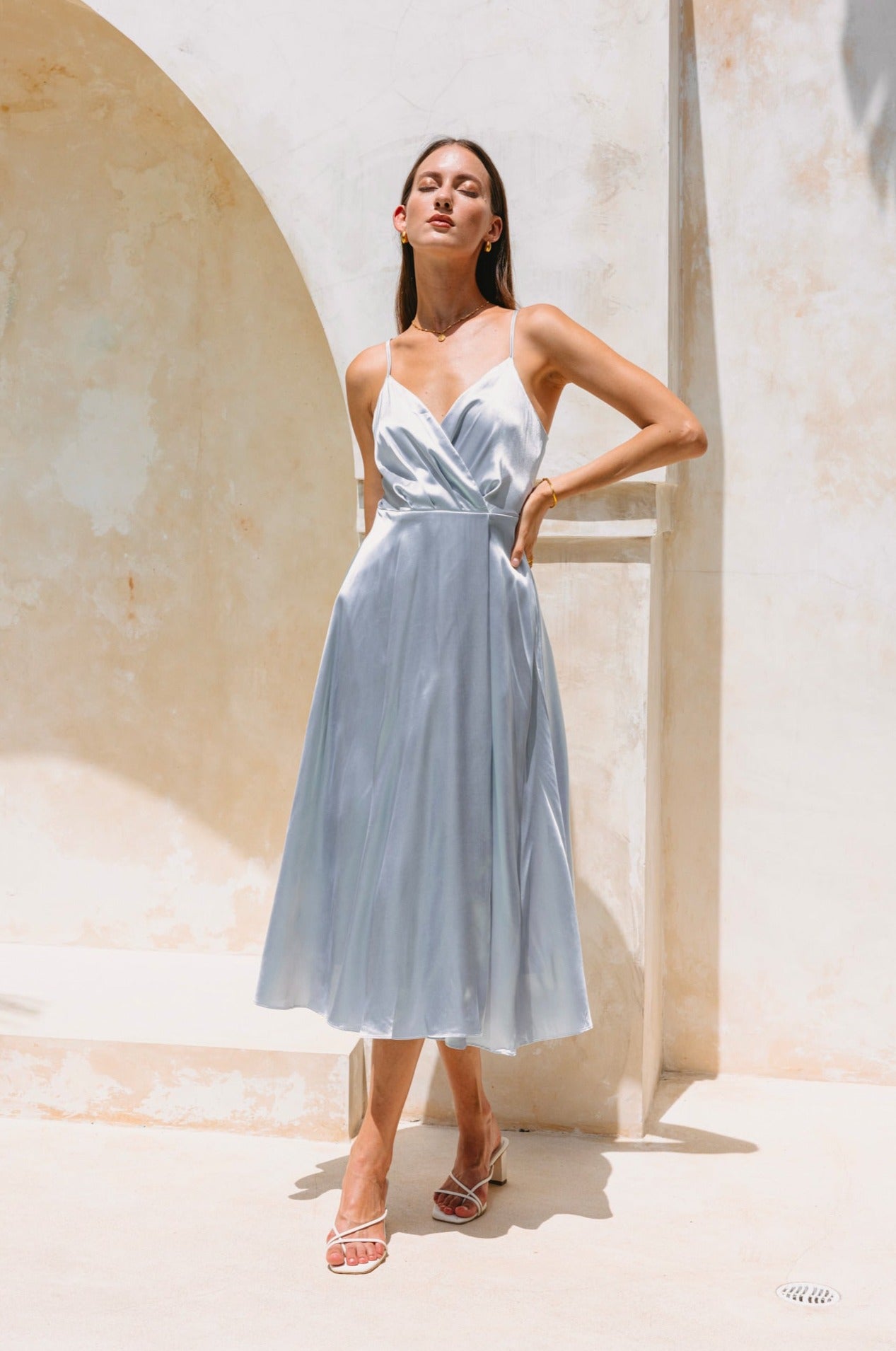 Image of Dresses. Product name - Eleanor Silver Blue Satin Midi Dress in Blue colour by brand - Heychic
