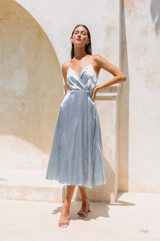Image of Dresses. Productname: Eleanor Silver Blue Satin Midi Dress in Blue colour by brand - Heychic