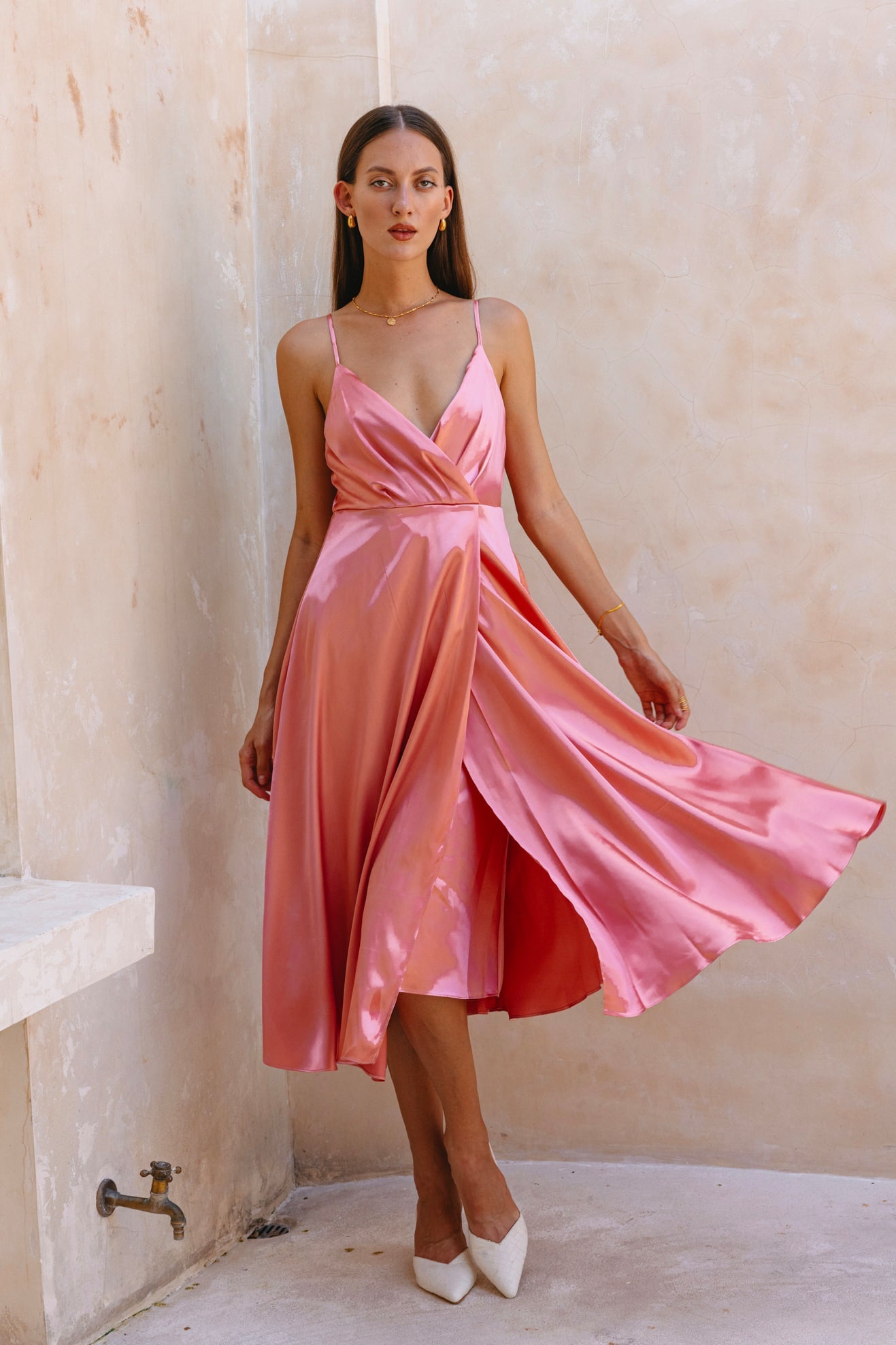 Heychic Eleanor Rose Satin Midi Dress (Pink)