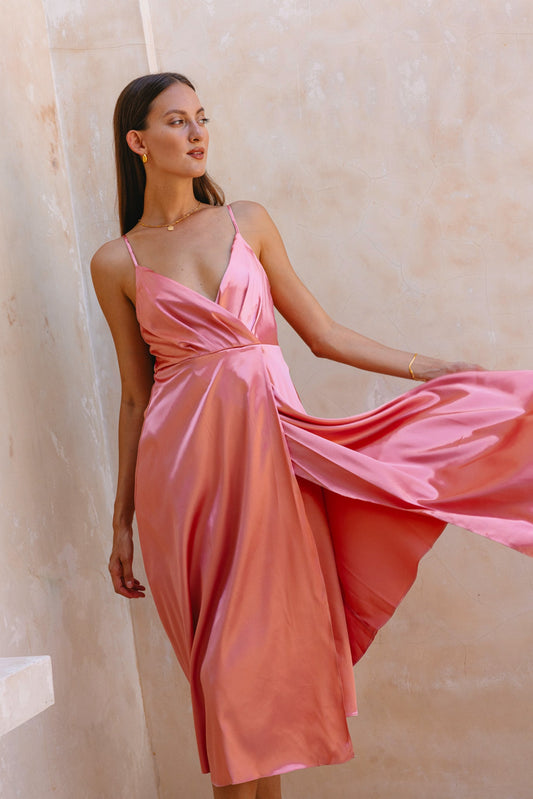Image of Dresses. Productname: Heychic Eleanor Pink Satin Midi Dress in Rose colour by brand - Heychic
