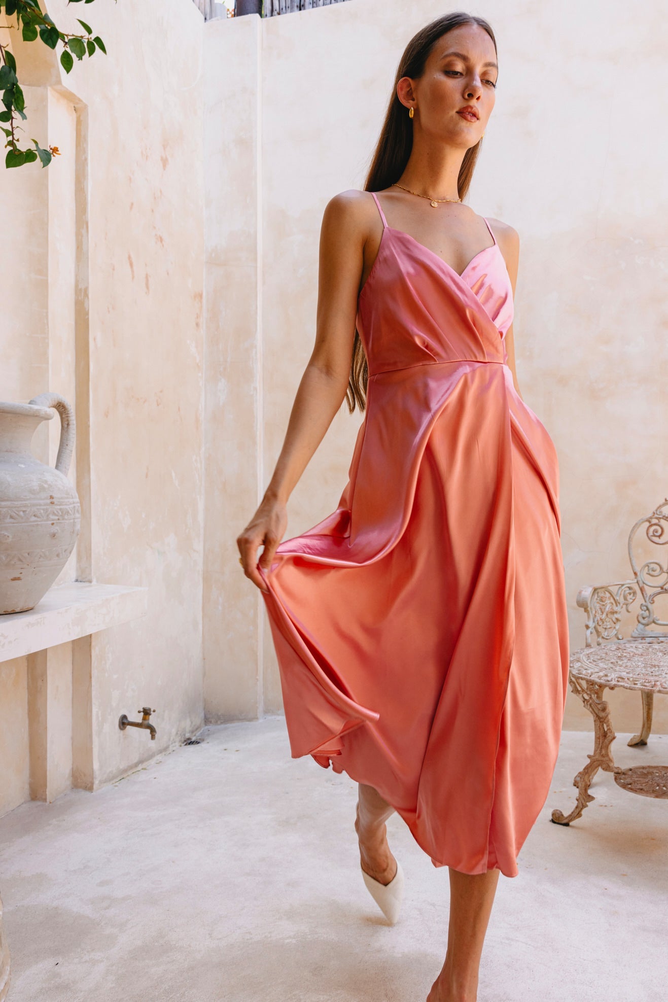 Heychic Eleanor Rose Satin Midi Dress (Pink)