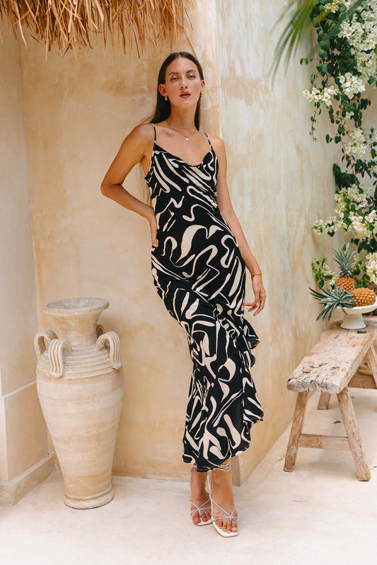 Image of Dresses. Productname: Heychic Niko Abstract Asymmetric Maxi Dress in Black colour by brand - Heychic