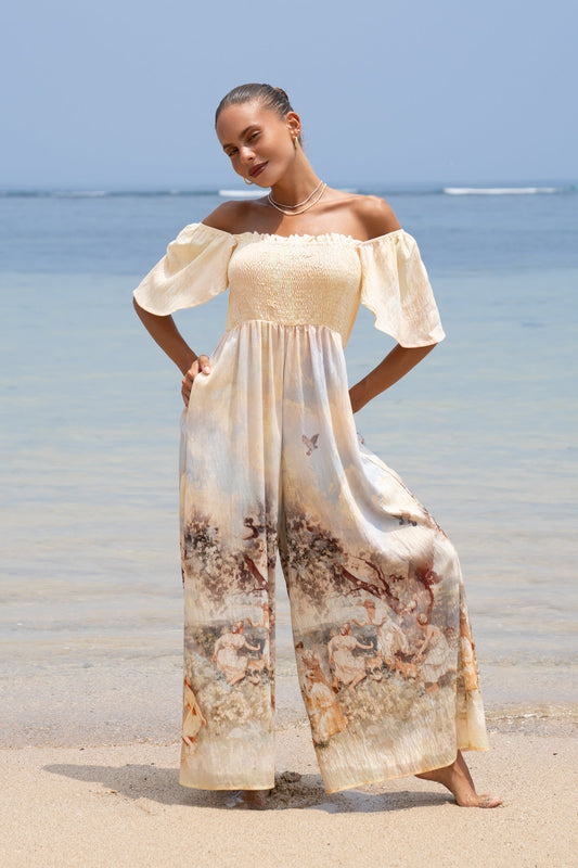 Image of Bodysuits. Productname: Lavinia Yellow Blue Abstract Flared Sleeve Jumpsuit in Blue colour by brand - Heychic