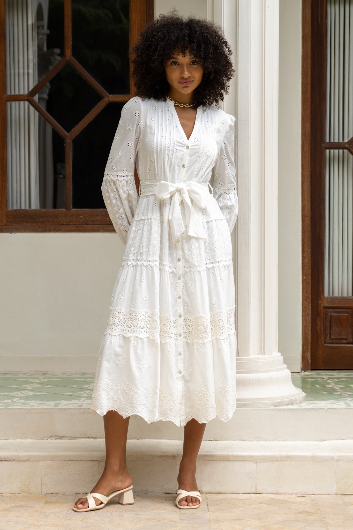 Heychic Linnea Eyelet Long Sleeve Maxi Dress (White)