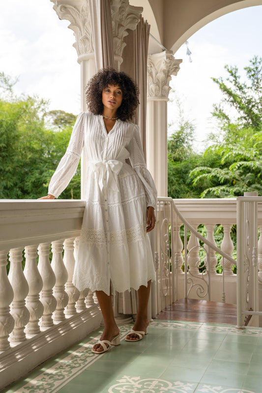 Image of Dresses. Productname: Linnea White Eyelet Long Sleeve Maxi Dress in White colour by brand - Heychic