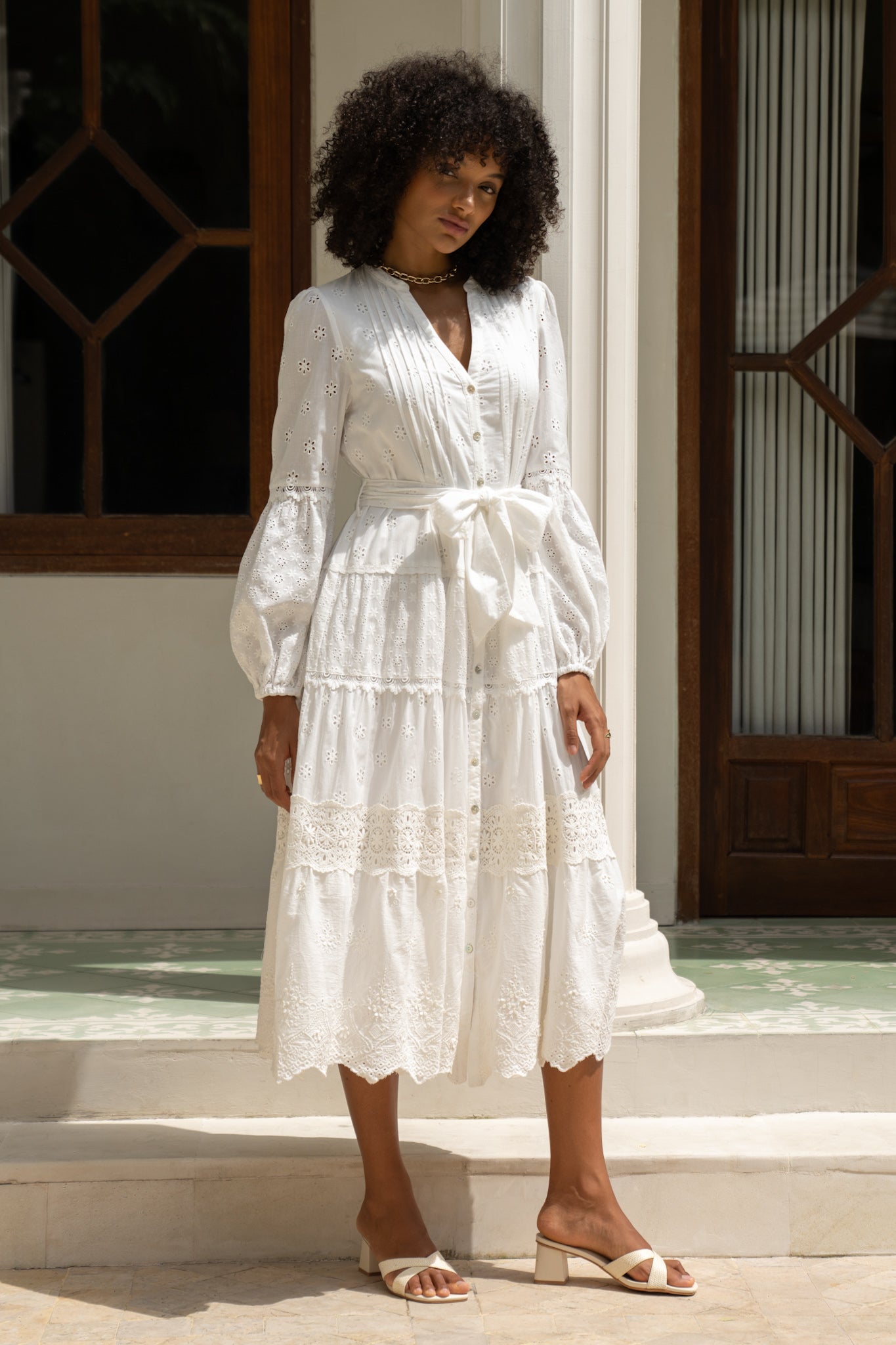 Heychic Linnea Eyelet Long Sleeve Maxi Dress (White)