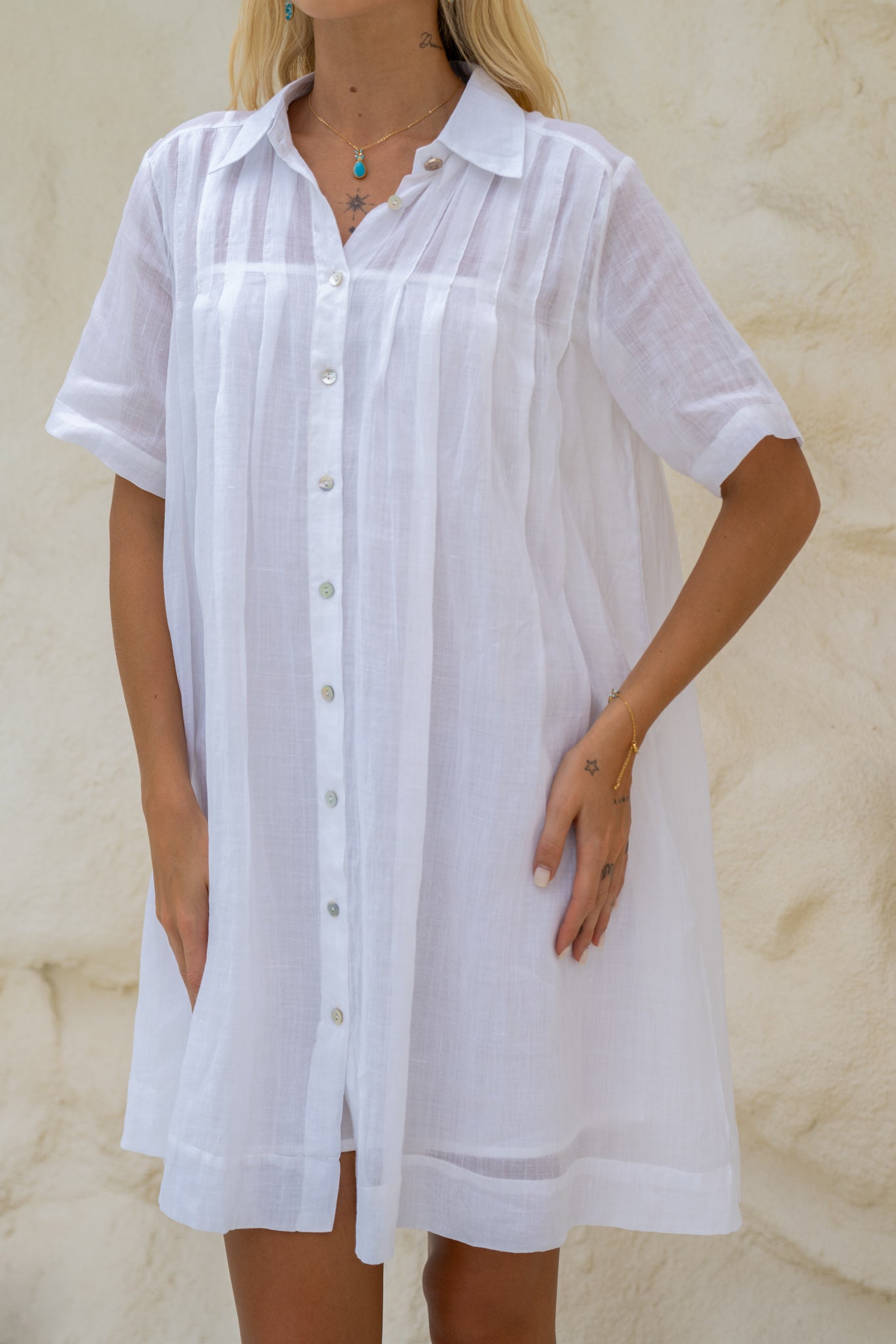 HEYCHIC Teya Pleat Detail Ramie Mini Dress (White)