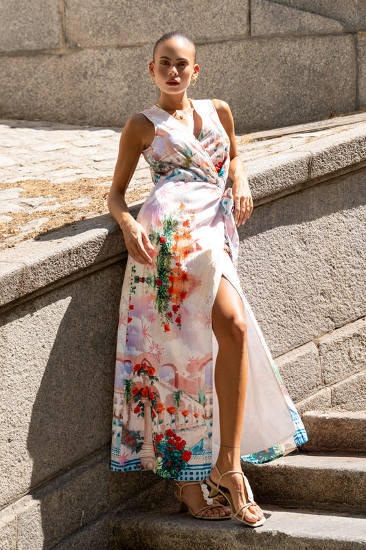 Image of Dresses. Productname: HEYCHIC Lelia Multicolour Abstract Sleeveless Wrap Maxi Dress in Multi colour by brand - HEYCHIC