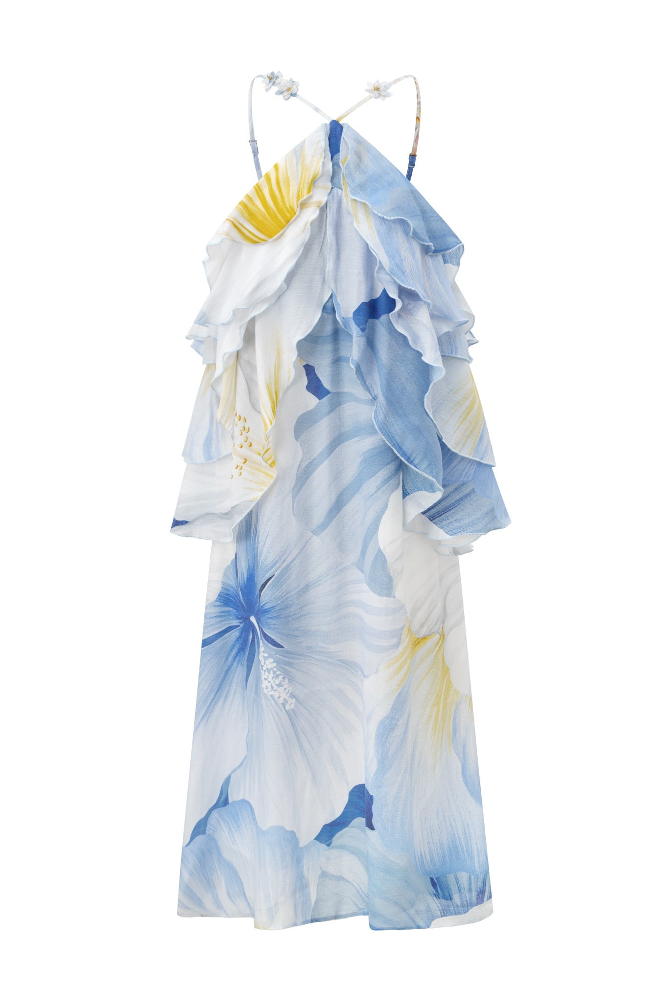 Image of Dresses. Product name - Hibiscus Blue Floral Layer Maxi Dress in Blue colour by brand - HEYCHIC