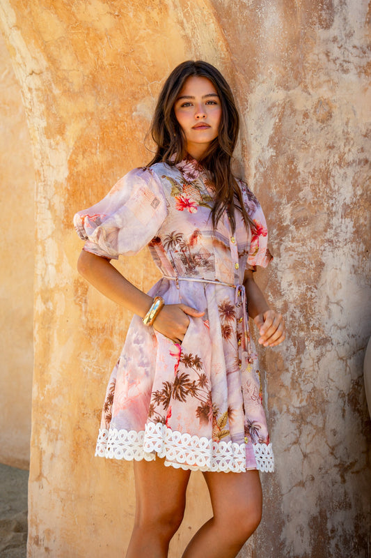 Image of Dresses. Product name - Horizon Pink Tropical Mini Dress in Pink colour by brand - HEYCHIC