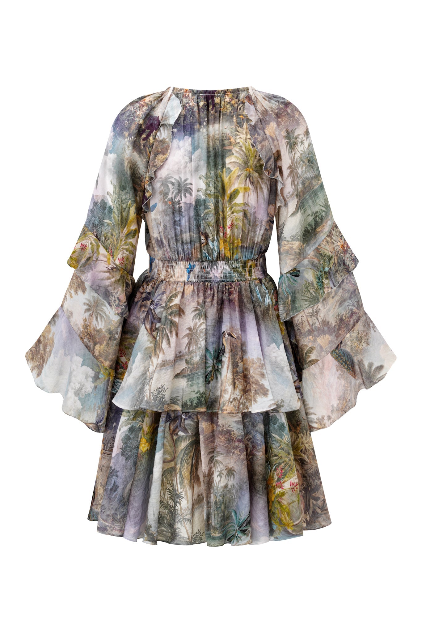 HEYCHIC Paradise Tropical Ruffle Mini Dress (Green)