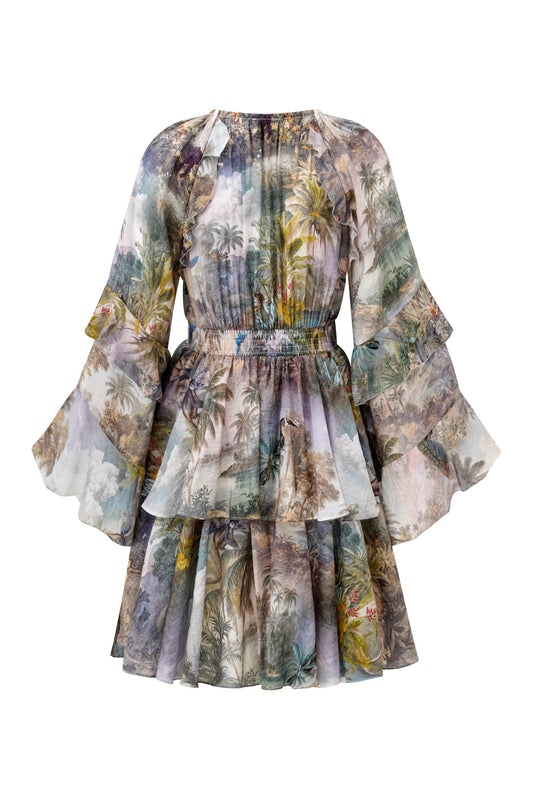 HEYCHIC Paradise Tropical Ruffle Mini Dress (Green)
