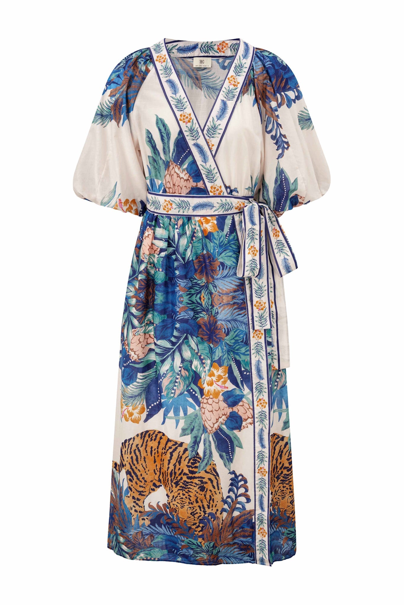Image of Dresses. Product name - Wild Blue Tropical Wrap Maxi Dress in Blue colour by brand - HEYCHIC