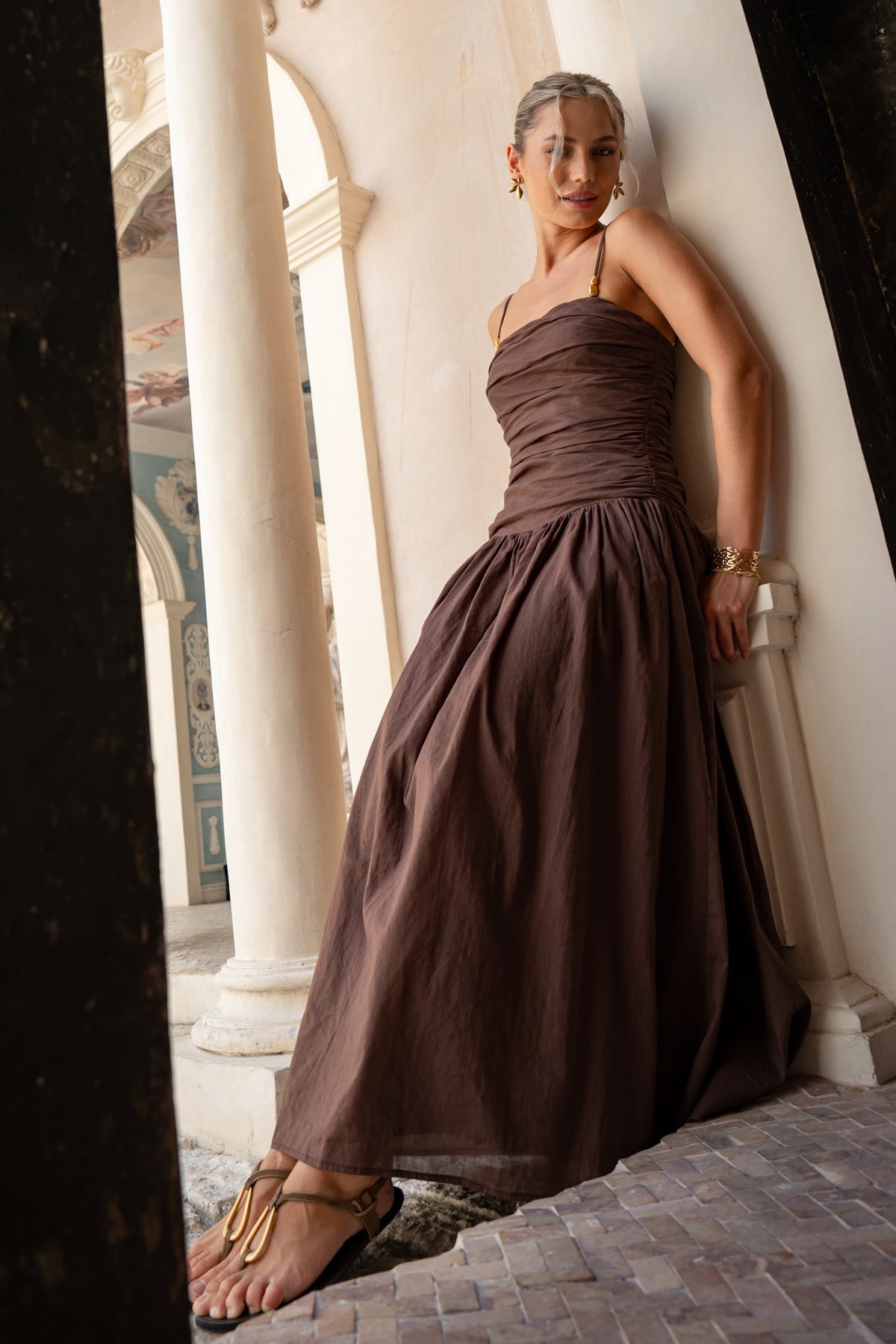 Image of Dresses. Product name - Simone Brown Ruched Maxi Dress in Brown colour by brand - HEYCHIC