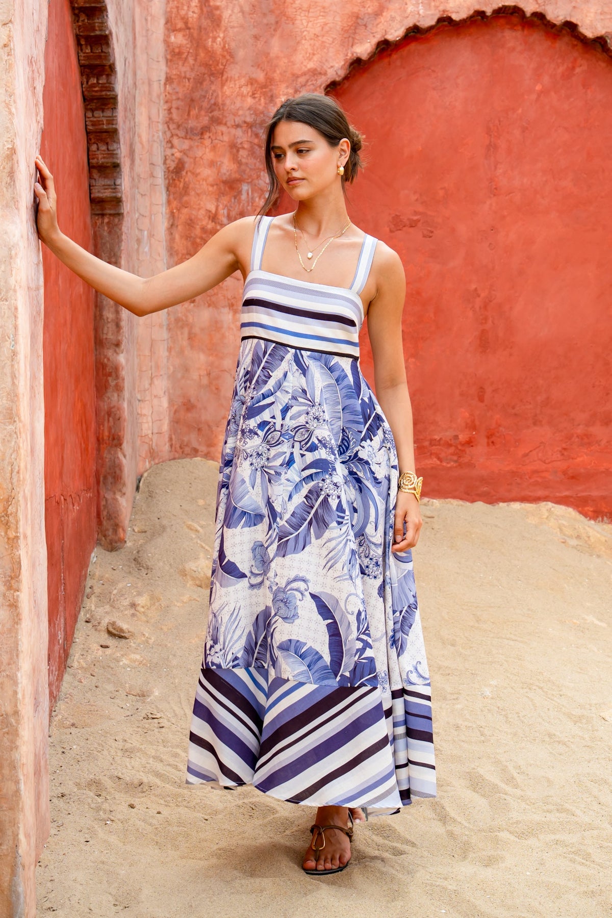 Image of Dresses. Product name - Botanica Blue Tropical Maxi Dress in Blue colour by brand - HEYCHIC