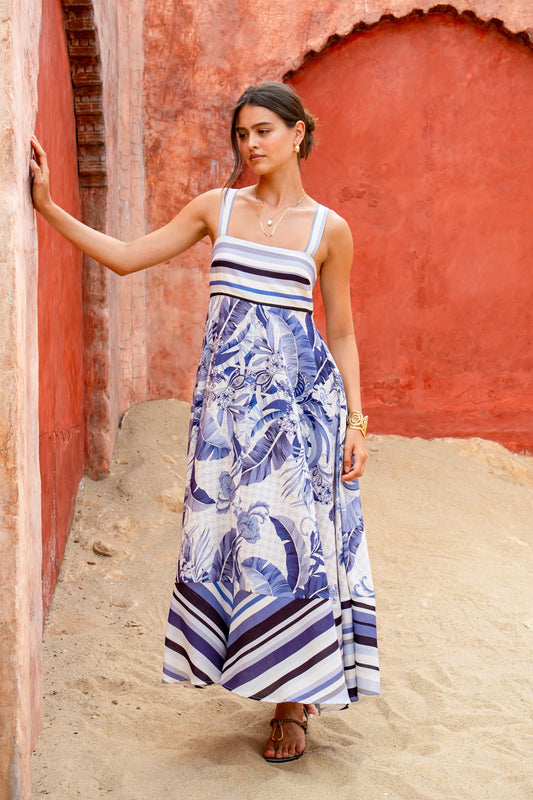 Image of Dresses. Product name - Botanica Blue Tropical Maxi Dress in Blue colour by brand - HEYCHIC